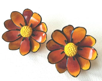 Orange Autumnal Enamel Flower Clip Earrings