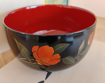 Vintage Floral Black and Red Poppy Five Piece Lacquer Bowl Set of 5 Mint in Original Box