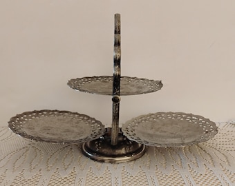 Vintage Silver Toned Folding Tiered Serving Tray