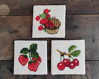 Set of 3 Sweet Fruit Handmade Needlepoint Squares B1.5