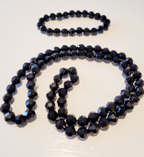 Imitation Jet Black Faceted Bead Necklace and Bra… - image 2