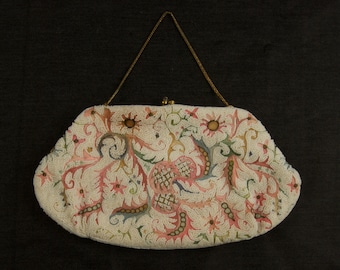 SALE WAS 275 French White Bead and Chain Stitch Clutch dur