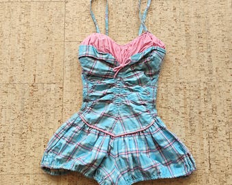 Vintage Blue and Pink Plaid Cotton Swim Romper SW-8