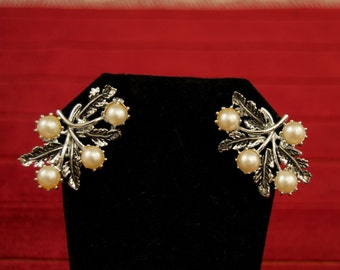 Vintage Clip Pearl and Enamel Earrings