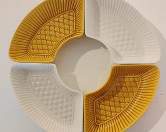 Yellow and White Vintage California Pottery Lazy Susan Serving Set TWSBW-33