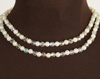 Vintage Double Strand Crystal and Faux Pearl Necklace