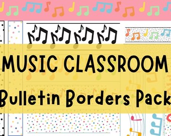 May include: A set of printable bulletin board borders featuring a music theme. The borders include black and white polka dots, colorful polka dots, and musical notes. The text "MUSIC CLASSROOM Bulletin Borders Pack" is displayed in black text on a yellow background.