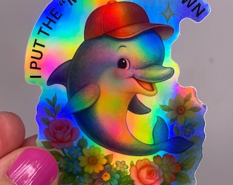Zabawna naklejka z delfinem. Włożyłem „ja” w Meltdown. Holograficzny mem o zdrowiu psychicznym neuroatypowym z ADHD i autyzmem. Naklejka winylowa na prezent.