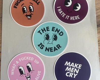 Zabawny feministyczny zestaw naklejek, zestaw 5 retro uśmiechniętych naklejek, kobiecy humor, wściekłość, prezent dla niej, estetyka alternatywna