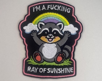 Ray of Sunshine Iron On Patch mit Waschbär & Regenbogen – sarcastic feminist embroidery für Jacken, Rucksäcke + DIY