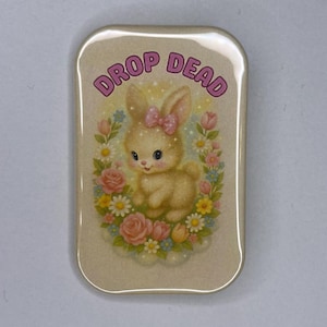 Könnte beinhalten: Rechteckige, cremefarbene Anstecknadel mit einem Cartoon-Hasen mit rosa Schleife, umgeben von Blumen. Der Text "DROP DEAD" ist in rosa Buchstaben über dem Hasen angeordnet.