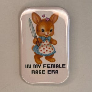 May include: A rectangular pin with a cartoon bunny holding a knife, wearing a blue bow and apron. The text "IN MY FEMALE RAGE ERA" is printed below the bunny. Two pink hearts are above the bunny's head.
