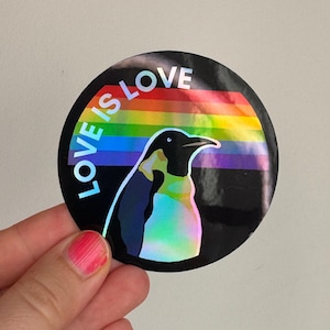 Könnte beinhalten: Ein runder Aufkleber mit schwarzem Hintergrund und einem holografischen Pinguin in der Mitte. Über dem Pinguin steht der Text LOVE IS LOVE in holografischer Schrift. Ein horizontales Regenbogenstreifenmuster verläuft durch die Mitte.