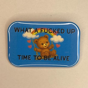 Könnte beinhalten: Blauer rechteckiger Anstecker mit abgerundeten Ecken. Er zeigt einen braunen Teddybären auf einer Schaukel unter einem Regenbogen und Wolken. Der Text lautet "WHAT A FUCKED UP TIME TO BE ALIVE."