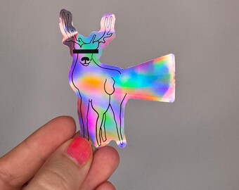 Holografischer Hirsch Sticker mit Regenbogen – lustiger Tier Aufkleber, Holo Sticker, Funny Animal, skurriles Geschenk, bunter Sticker