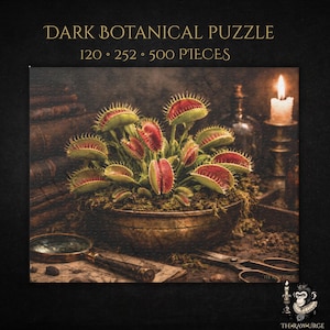 May include: A jigsaw puzzle featuring a detailed illustration of a Venus flytrap plant in a bronze pot. The puzzle includes a magnifying glass, scissors, and a lit candle. The text "DARK BOTANICAL PUZZLE" and piece counts are displayed at the top.