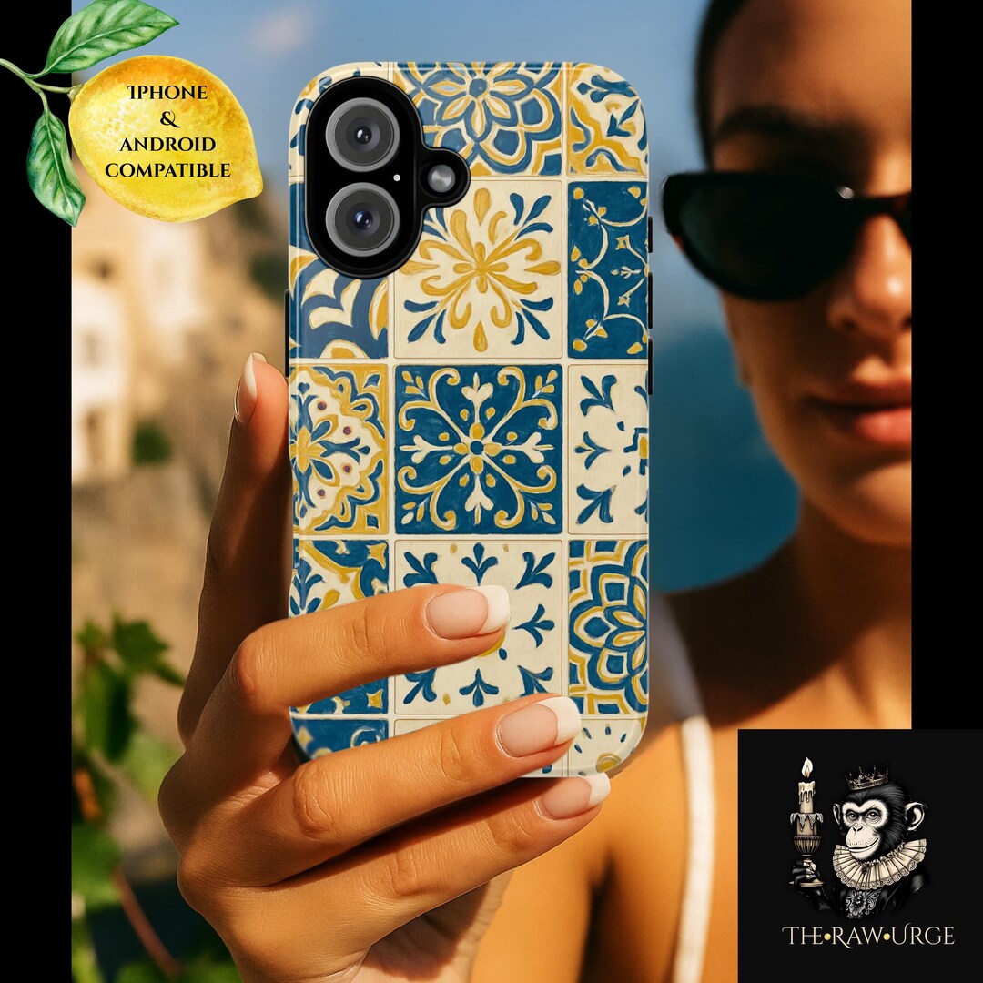 Tile Phone Case Mediterranean Tile Phone Case Blue and Yellow Floral Lemon Pattern ...