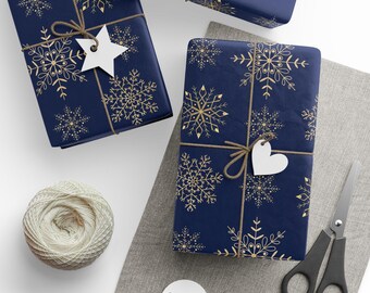 Navy Gold Snowflake Wrapping Paper – Winter Gift Packaging