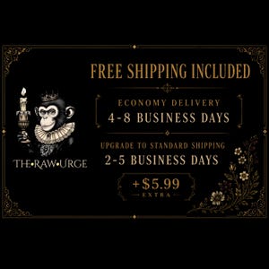 May include: A black graphic featuring a chimpanzee wearing a crown and a ruffled collar, holding a lit candle. The text reads THE RAW URGE. The design includes ornate gold-toned borders and floral accents on a dark background with decorative flourishes.