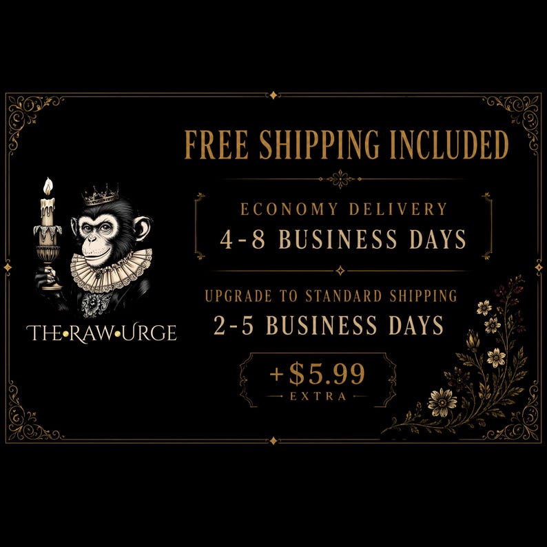 May include: A black graphic featuring a chimpanzee wearing a crown and a ruffled collar, holding a lit candle. The text reads THE RAW URGE. The design includes ornate gold-toned borders and floral accents on a dark background with decorative flourishes.