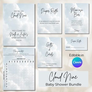 Editable Cloud Nine Baby Shower Bundle, Sky Theme Party, Baby Shower Welcome Sign, Betting Board, Diaper Raffle Tickets, Canva Template