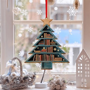 Christmas Book Tree Wood Ornament, Bookshelf Wood Ornament, Book Lover Gift, Reading Lover Gift, Christmas Ornament Decor, Bookworm Gift