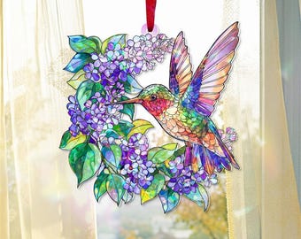 Hologram Acrylic Hummingbird Suncatcher, Floral Window Art Accent