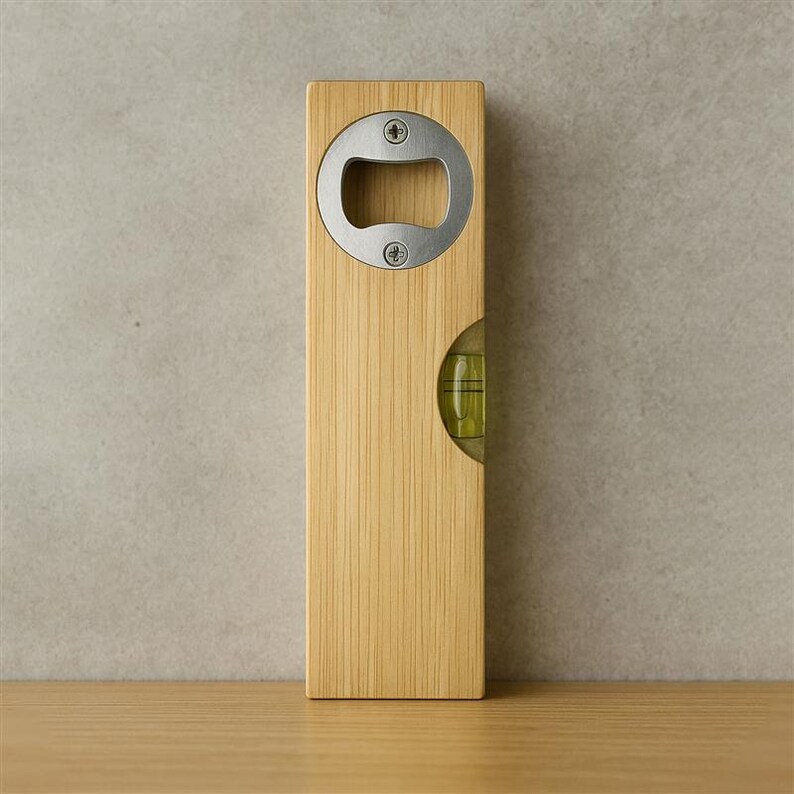 Op de afbeelding: Een houten flesopener met een ingebouwd waterpas. De opener heeft een roestvrijstalen flesopener en een kleine waterpas. Het hout heeft een lichtbruine kleur en een verticaal nerfpatroon.