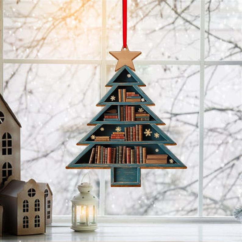 Christmas Book Tree Wood Ornament, Bookshelf Wood Ornament, Book Lover ...