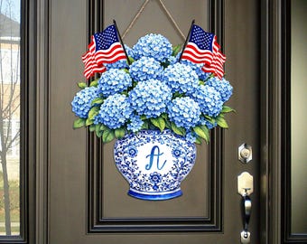 Personalized Hydrangea Door Hanger, Blue Hydrangea Vase Wood Sign, Patriotic American Flags