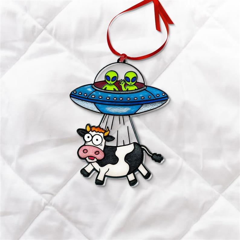 UFO Cow Abduction Ornament, Funny Alien Suncatcher, Farmhouse Barn ...