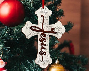 Wooden Cross Ornament, Religious Christmas Decor, Christian Gift