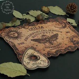 Wooden Gothic Ouija Board with Planchette, Witchcraft Decor