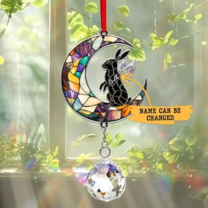 Custom Rabbit Acrylic Suncatcher Crystal, Bunny on Moon Window Hanging, Bunny Memorial Gift, Pet Loss Gift, Remembrance Gift