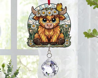 Highland Cow Acrylic Suncatcher with Crystal Charm
