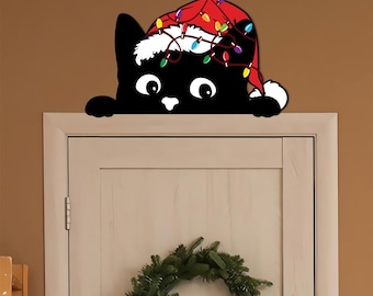 Christmas Cat Door Topper, Peeking Black Cat Sign, Holiday Home Decor