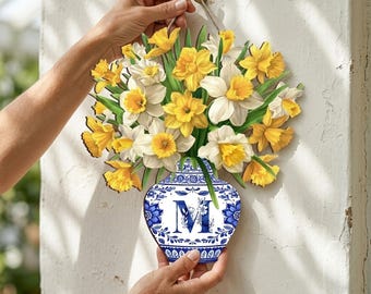 Personalized Spring Door Hanger, Daffodil Floral Wood Sign, Blue White Vase Monogram Wreath