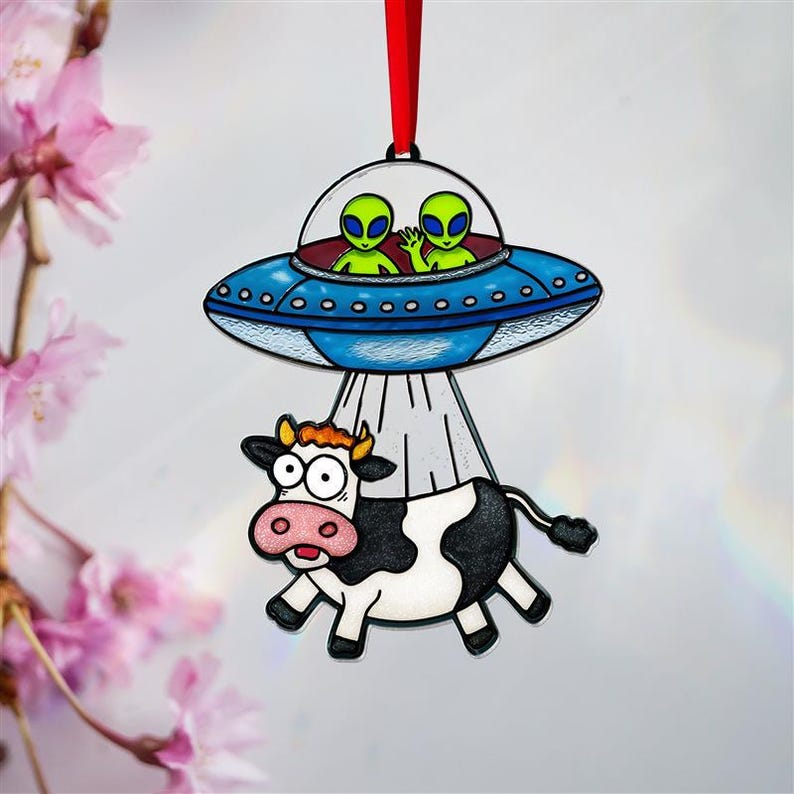 UFO Cow Abduction Ornament, Funny Alien Suncatcher, Farmhouse Barn ...