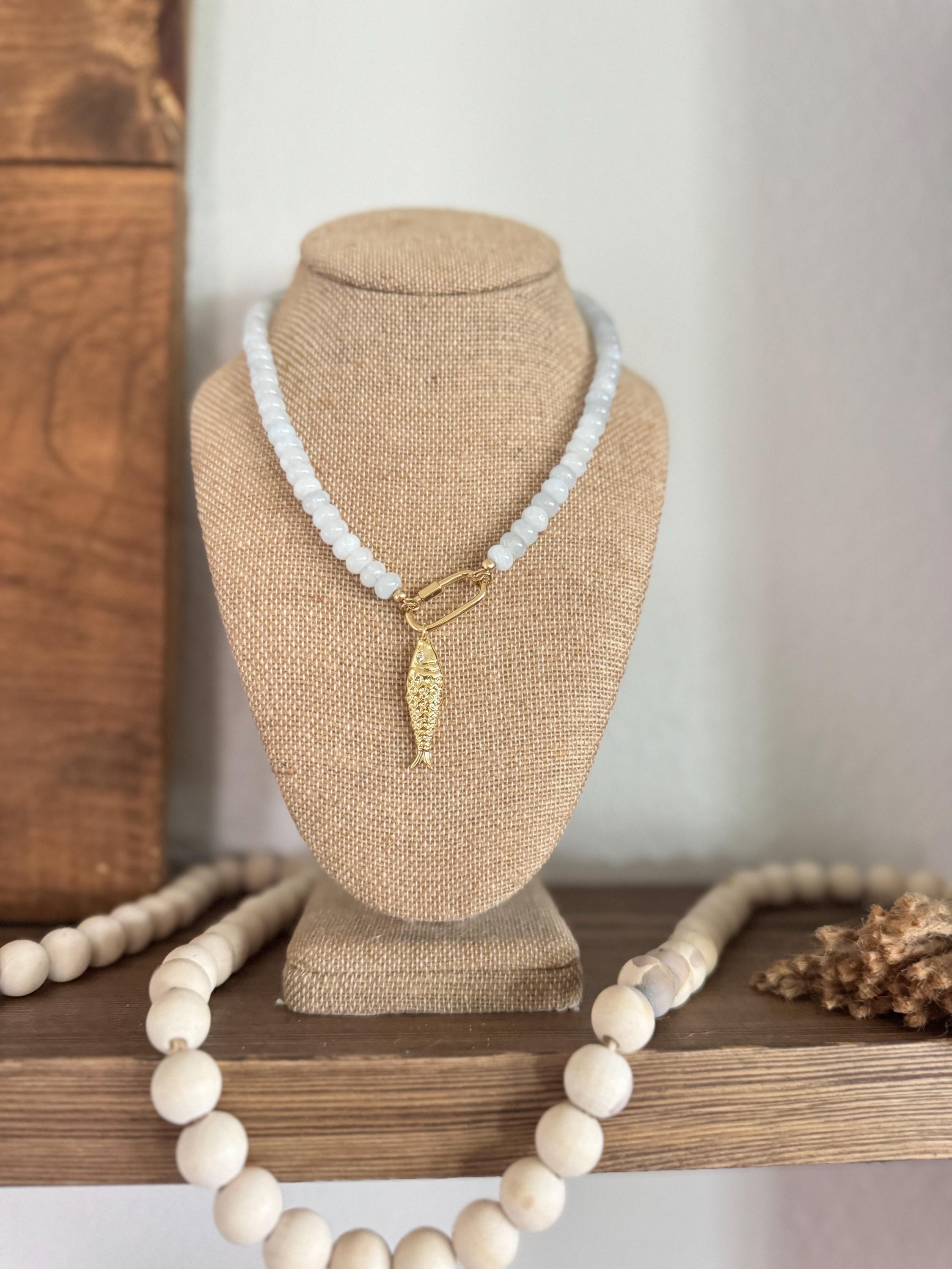 Candy Gemstone Bead Necklace with Gold Sardine Fish Charm | Trendy Chunky Beaded Choker | Coastal Statement Necklace | Summer Beach Jewelry