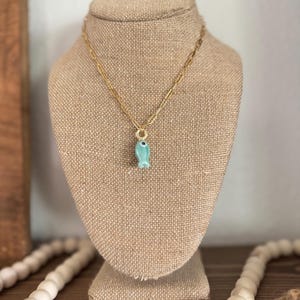 Ceramic Fish Charm Necklace • 16” Gold Paperclip Chain and 2” Extender • Painted Lure Pendant • Coastal Stainless Steel Necklace • Boho Fish