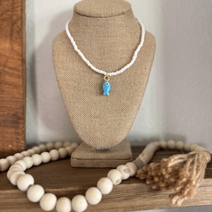 The Lure Necklace – Salt Glass Bead Necklace with Blue Fish Charm | Handmade Summer Jewelry | Boho Beach Necklace | Fun Gift for Her