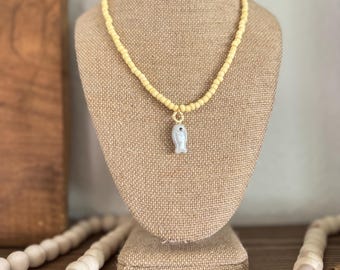 The Lure Necklace – Butter Yellow Glass Bead Necklace with Grey Fish Charm | Handmade Summer Jewelry | Boho Beach Necklace |
