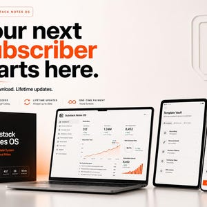 K&ouml;nnte beinhalten: Eine digitale Produktanzeige mit Laptop, Tablet und Smartphone, die das Substack Notes OS-Dashboard zeigt. Der Text lautet: Your next subscriber starts here. Instant download. Lifetime updates. Substack Notes OS. The Complete System to Write Viral Notes.