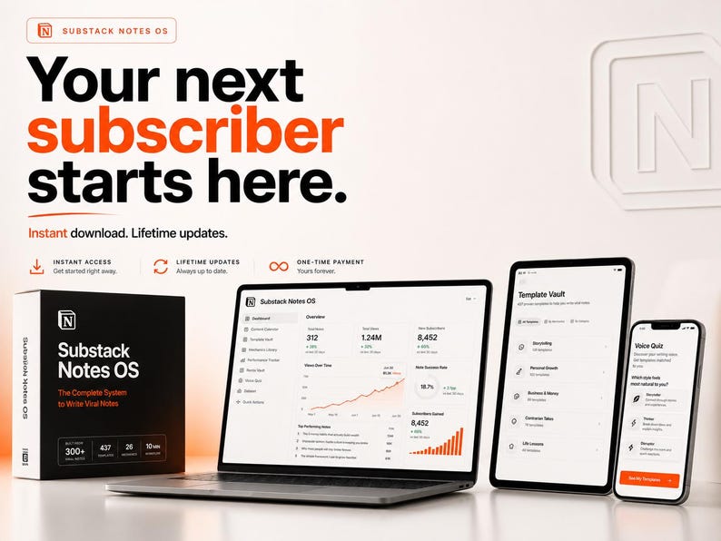 K&ouml;nnte beinhalten: Eine digitale Produktanzeige mit Laptop, Tablet und Smartphone, die das Substack Notes OS-Dashboard zeigt. Der Text lautet: Your next subscriber starts here. Instant download. Lifetime updates. Substack Notes OS. The Complete System to Write Viral Notes.