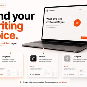 K&ouml;nnte beinhalten: Ein Laptop-Bildschirm zeigt eine Voice Quiz-Oberfl&auml;che mit dem Text Find your writing voice. Templates matched to you. Darunter beschreiben drei Karten mit den Titeln Storyteller, Thinker und Disruptor verschiedene Stile mit Vorlagenanzahl.
