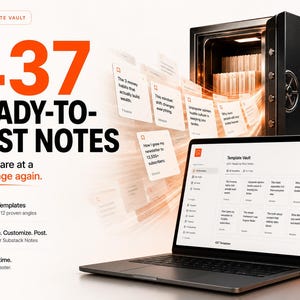 K&ouml;nnte beinhalten: Ein Laptop zeigt eine digitale Benutzeroberfl&auml;che mit dem Text Template Vault 437+ Ready-to-Post Notes. Hinter dem Laptop steht ein schwarzer Tresor, aus dem wei&szlig;e Notizkarten in Richtung Bildschirm flie&szlig;en. Der Text 437 READY-TO-POST NOTES ist zu sehen.