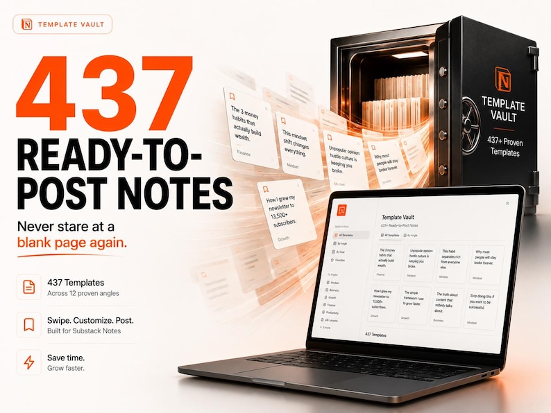 K&ouml;nnte beinhalten: Ein Laptop zeigt eine digitale Benutzeroberfl&auml;che mit dem Text Template Vault 437+ Ready-to-Post Notes. Hinter dem Laptop steht ein schwarzer Tresor, aus dem wei&szlig;e Notizkarten in Richtung Bildschirm flie&szlig;en. Der Text 437 READY-TO-POST NOTES ist zu sehen.