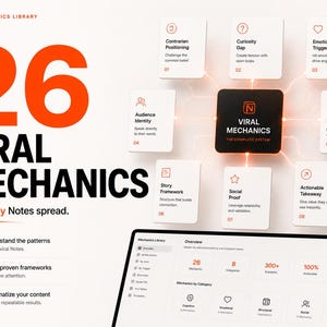 K&ouml;nnte beinhalten: Eine digitale Infografik mit dem Titel 26 Viral Mechanics, die ein zentrales schwarzes Quadrat mit der Aufschrift Viral Mechanics zeigt, umgeben von acht wei&szlig;en Karten mit Symbolen und Text sowie einem Laptop-Bildschirm mit Daten.