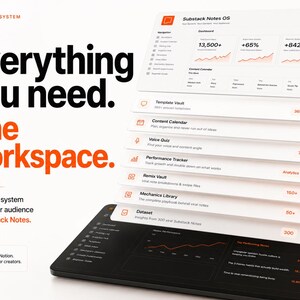 K&ouml;nnte beinhalten: Eine digitale Arbeitsumgebung namens Substack Notes OS auf einem Bildschirm, bestehend aus gestapelten wei&szlig;en Karten mit orangefarbenem Text und Symbolen. Der Text lautet Everything you need. One workspace. A complete system.