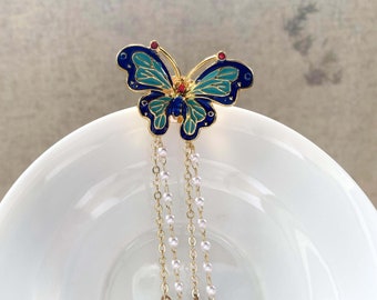Butterfly Hair Stick: Enamel & Pearl Tassel - Vintage Hanfu Style